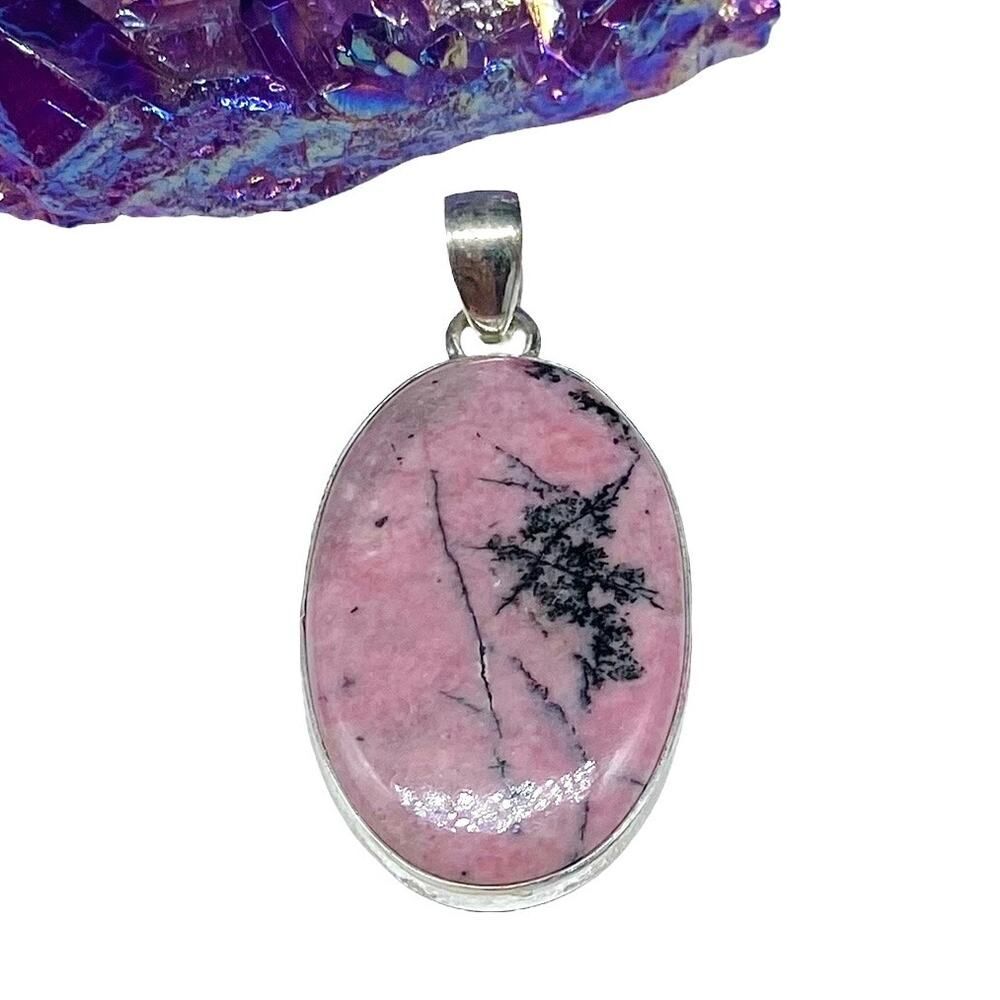 Rhodonite Necklace Pendant Solid 925 Sterling Silver Natural Stone Oval Pink